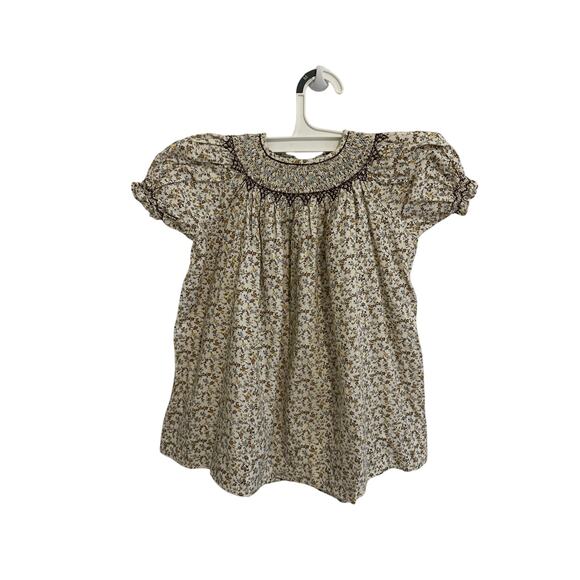 The Plantation Shop Girls 1T Brown Blue Yellow Floral Short Sleeve Smocked Dress - Picture 3 of 9